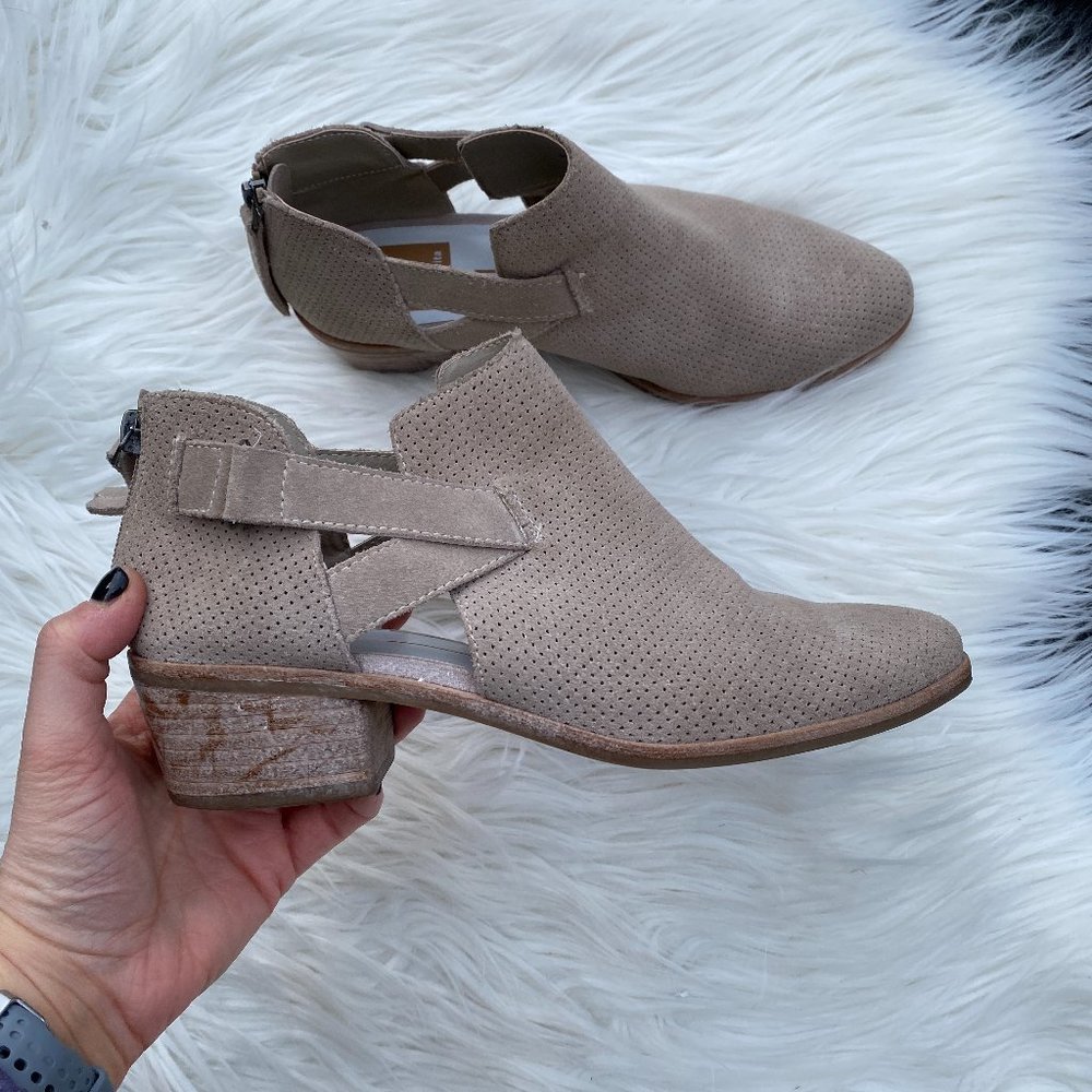 Dolce Vita Perforated Suede Tan Ankle Heel Booties